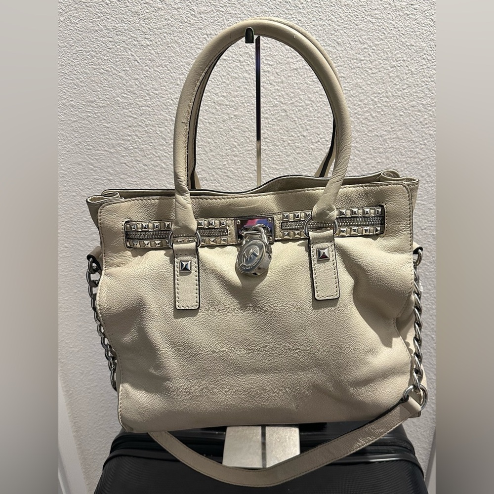 Michael Kors Cream Hamilton Satchel with Studded and Chain Detail